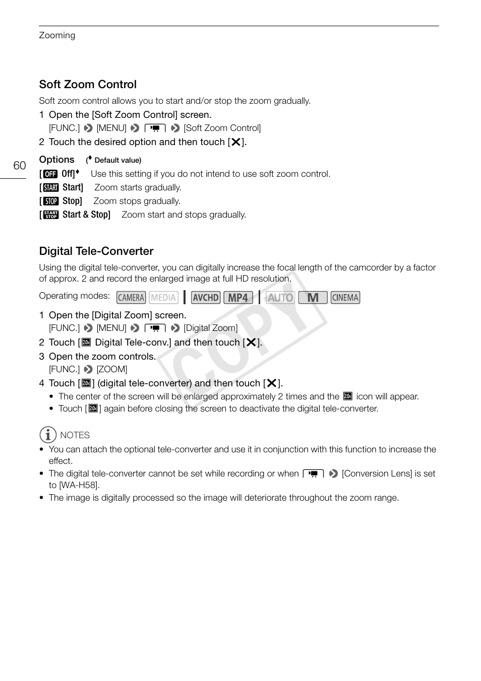 Soft zoom control 60 digital tele-converter 60, Cop y | Canon VIXIA HF G30 User Manual | Page 60 / 189
