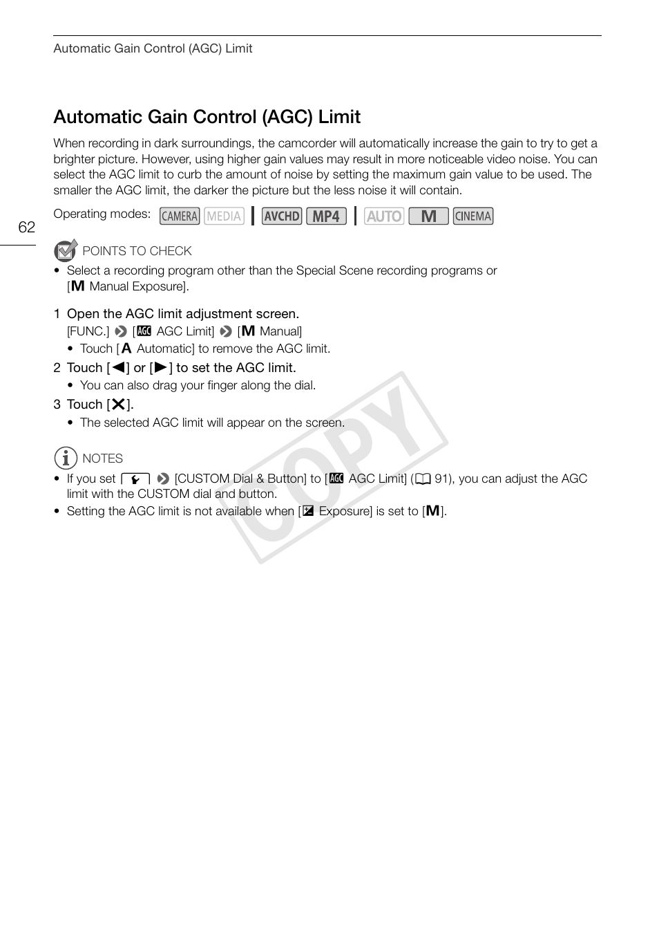Automatic gain control (agc) limit 62, Cop y | Canon VIXIA HF G30 User Manual | Page 62 / 189