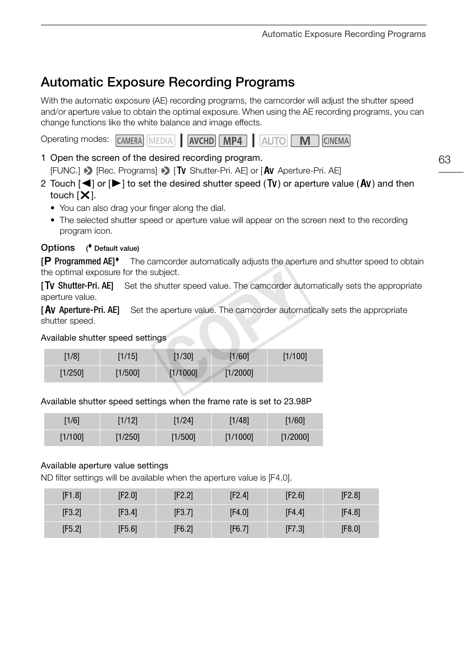Automatic exposure recording, Programs 63, Cop y | Automatic exposure recording programs | Canon VIXIA HF G30 User Manual | Page 63 / 189