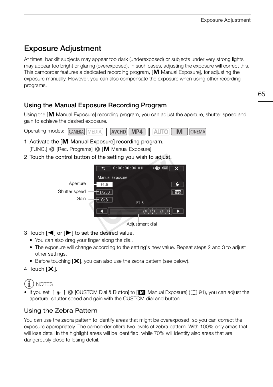 Exposure adjustment 65, Using the manual exposure recording, Program 65 | Cop y | Canon VIXIA HF G30 User Manual | Page 65 / 189