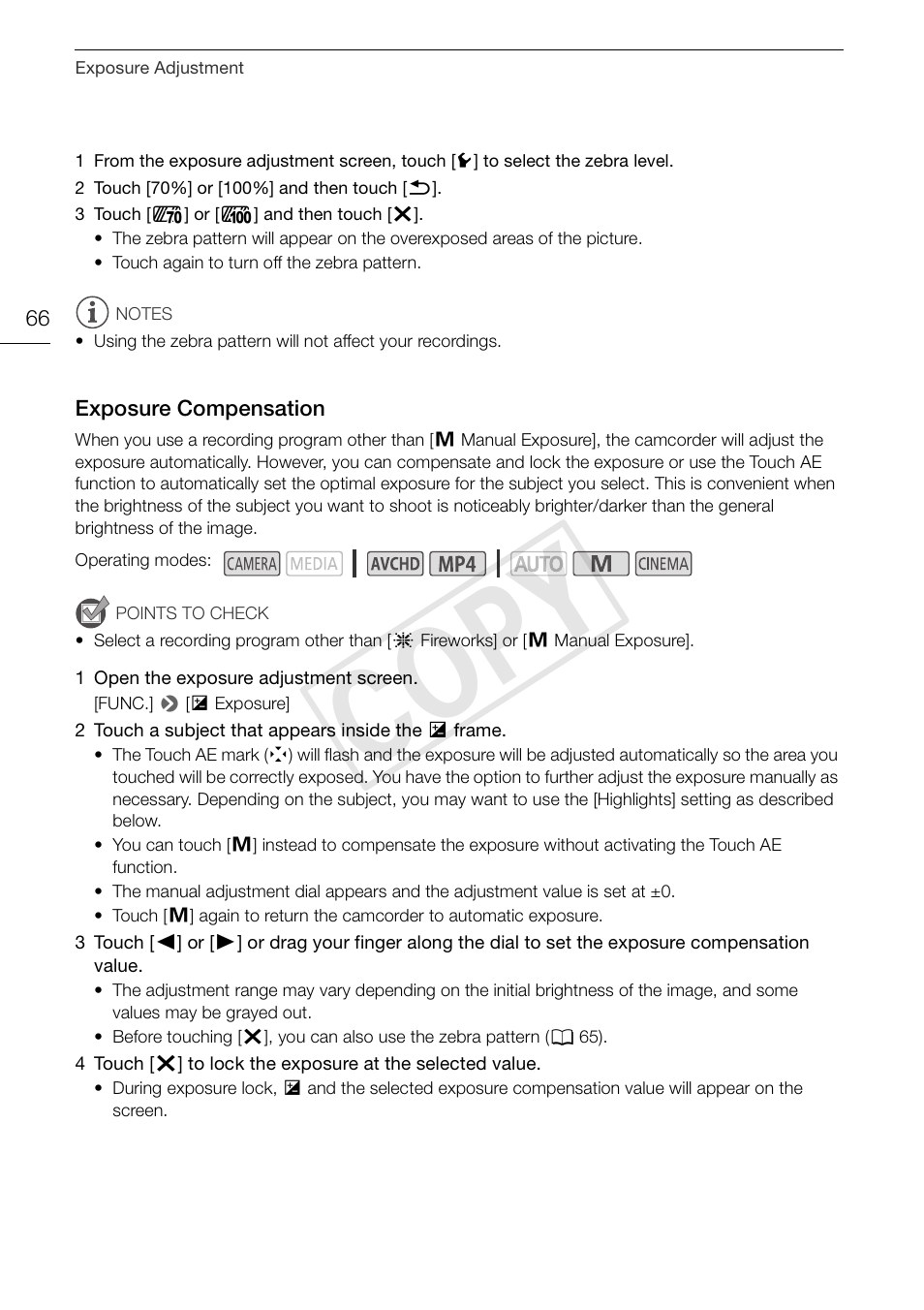 Exposure compensation 66, Cop y | Canon VIXIA HF G30 User Manual | Page 66 / 189