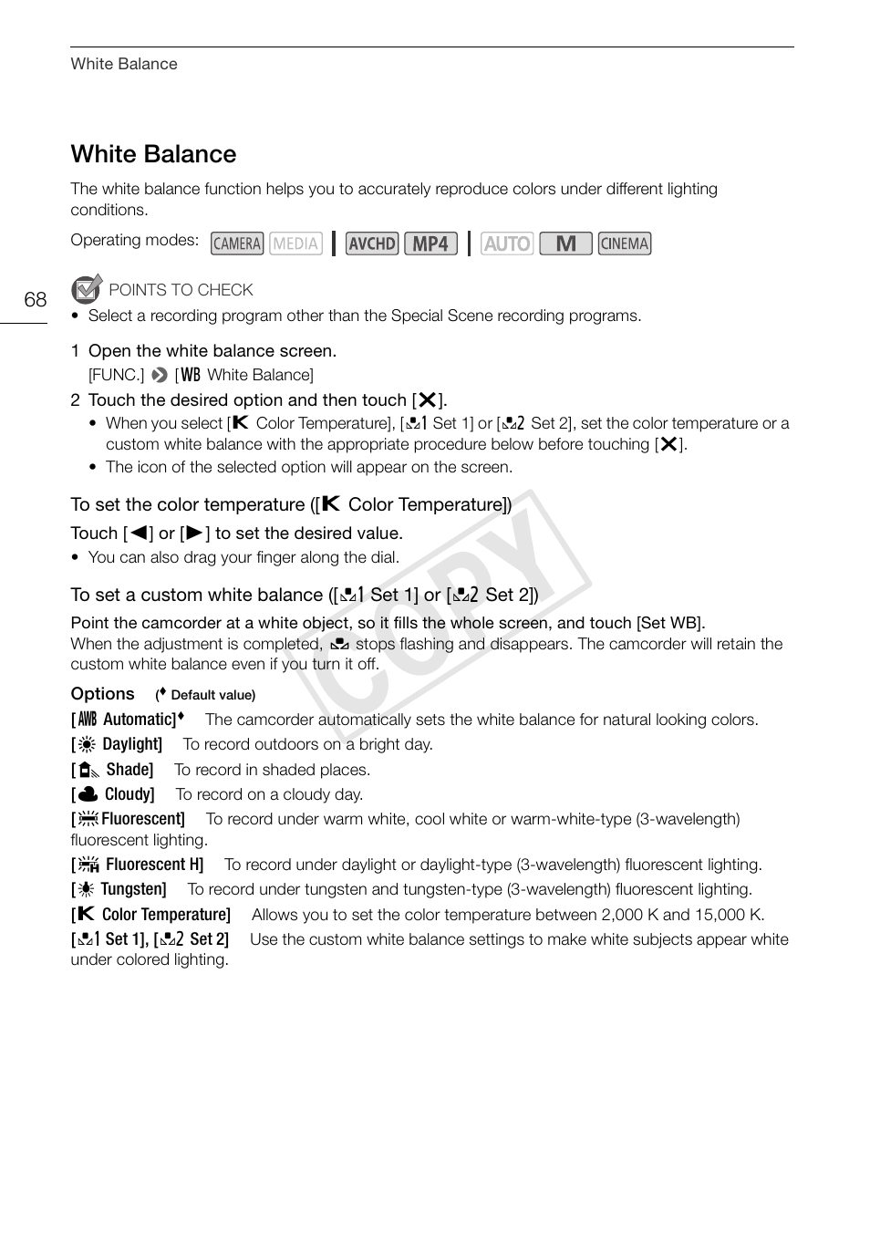 White balance 68, Cop y, White balance | Canon VIXIA HF G30 User Manual | Page 68 / 189