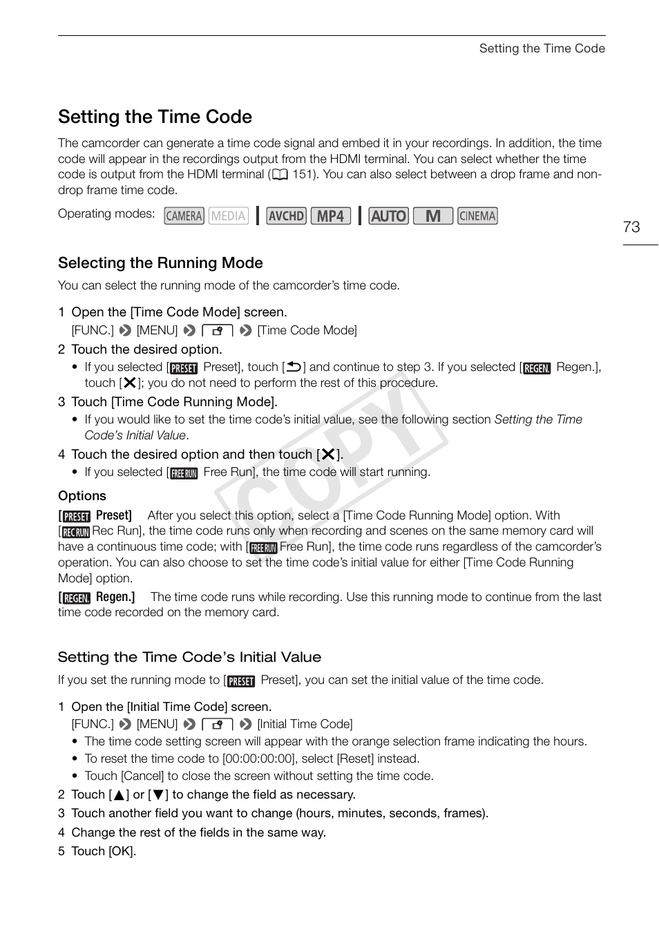 Setting the time code 73, Selecting the running mode 73, Cop y | Setting the time code | Canon VIXIA HF G30 User Manual | Page 73 / 189
