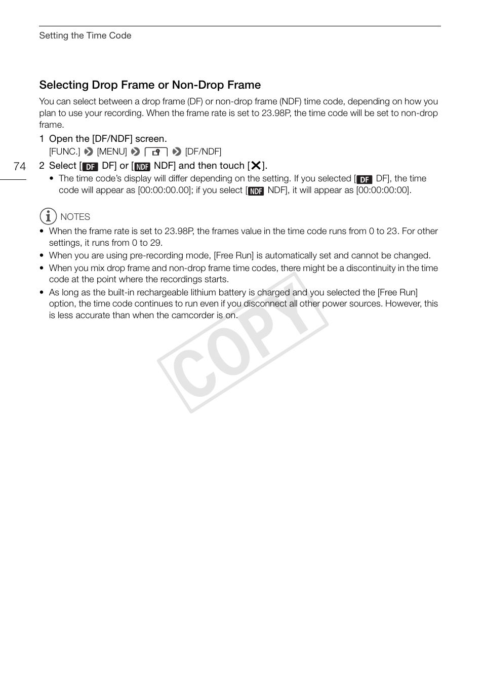 Selecting drop frame or non-drop, Frame 74, Cop y | Canon VIXIA HF G30 User Manual | Page 74 / 189