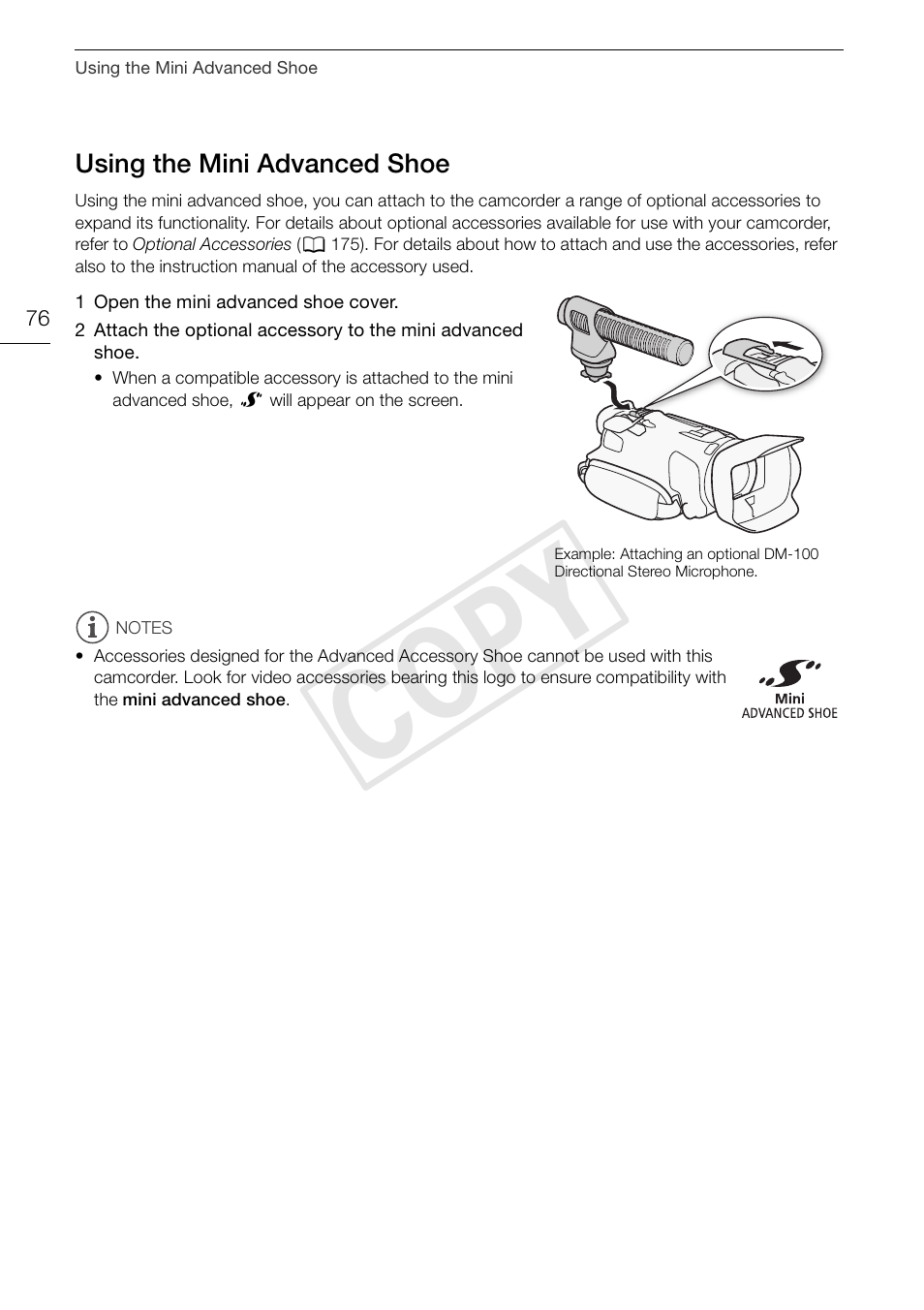 Using the mini advanced shoe 76, Cop y | Canon VIXIA HF G30 User Manual | Page 76 / 189