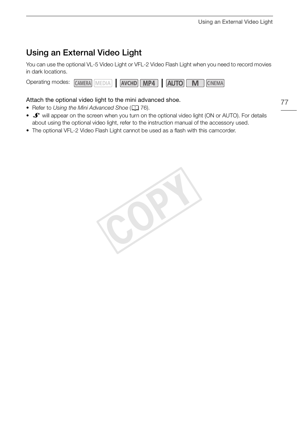 Using an external video light 77, Cop y | Canon VIXIA HF G30 User Manual | Page 77 / 189