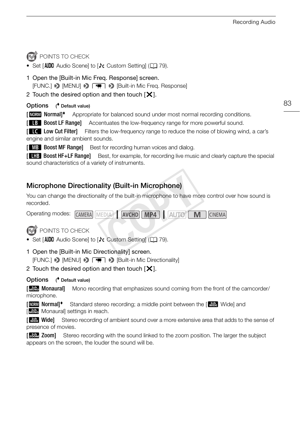 Microphone directionality (built-in, Microphone) 83, Cop y | Canon VIXIA HF G30 User Manual | Page 83 / 189
