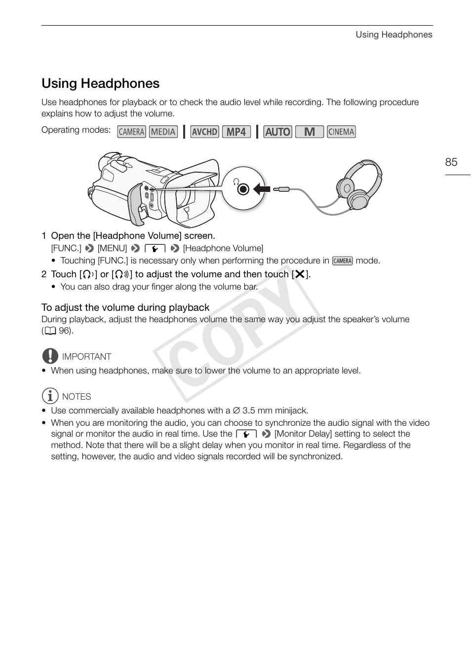Using headphones 85, Cop y | Canon VIXIA HF G30 User Manual | Page 85 / 189