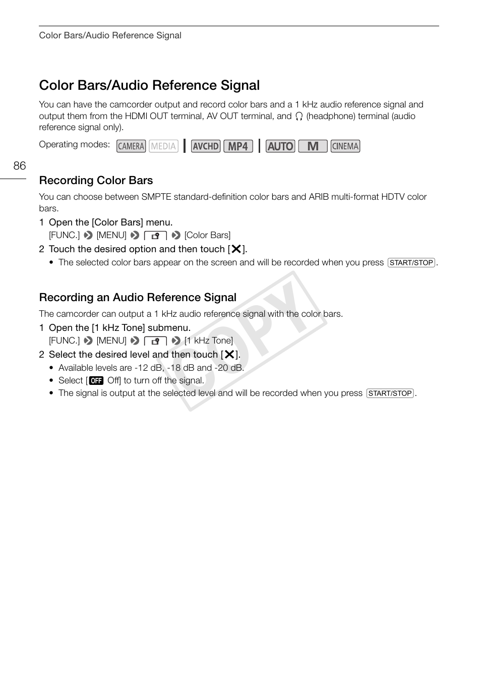 Color bars/audio reference signal 86, Signal 86, Cop y | Canon VIXIA HF G30 User Manual | Page 86 / 189