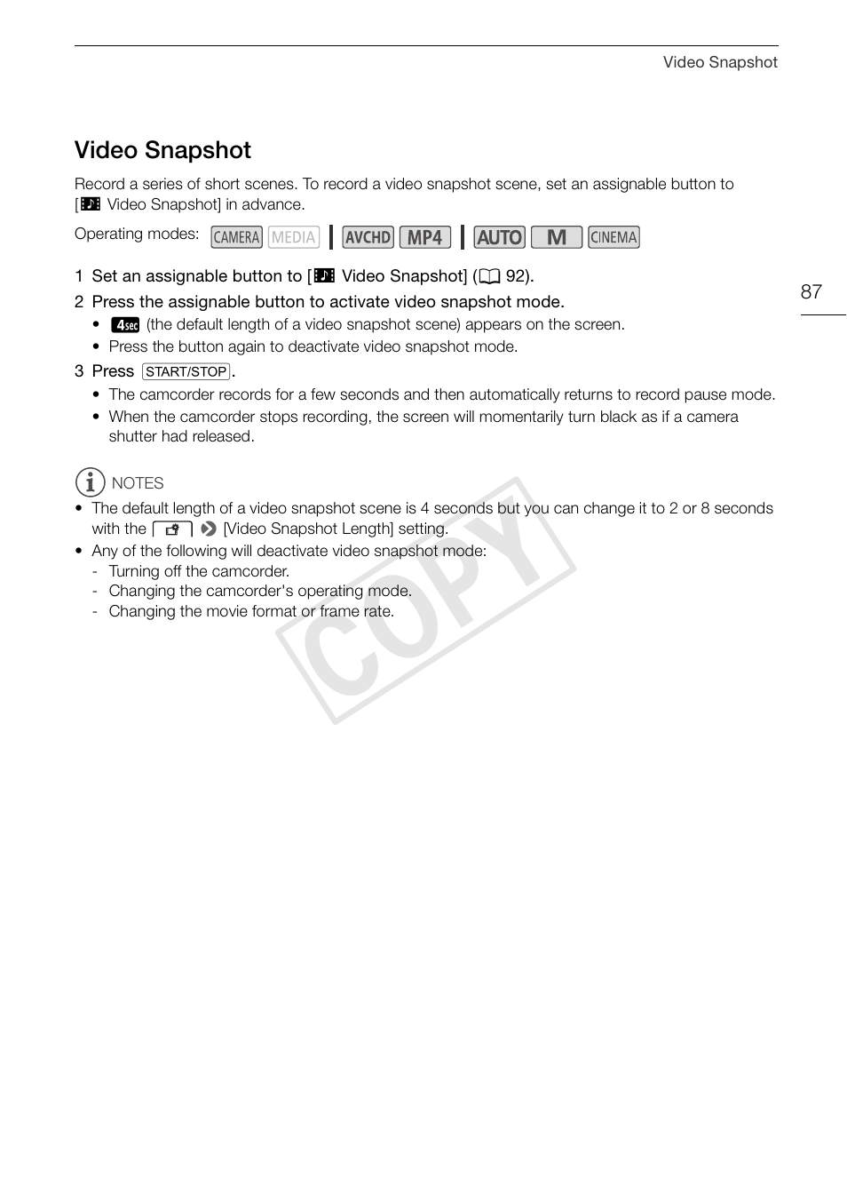 Video snapshot 87, Cop y | Canon VIXIA HF G30 User Manual | Page 87 / 189