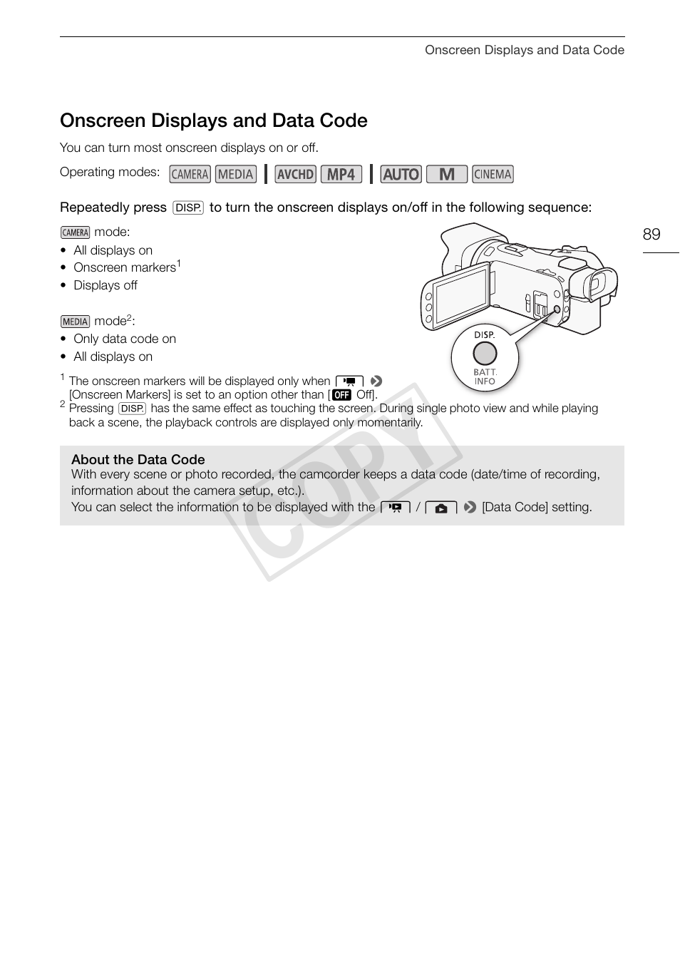 Onscreen displays and data code 89, 89)/ba, Cop y | Canon VIXIA HF G30 User Manual | Page 89 / 189