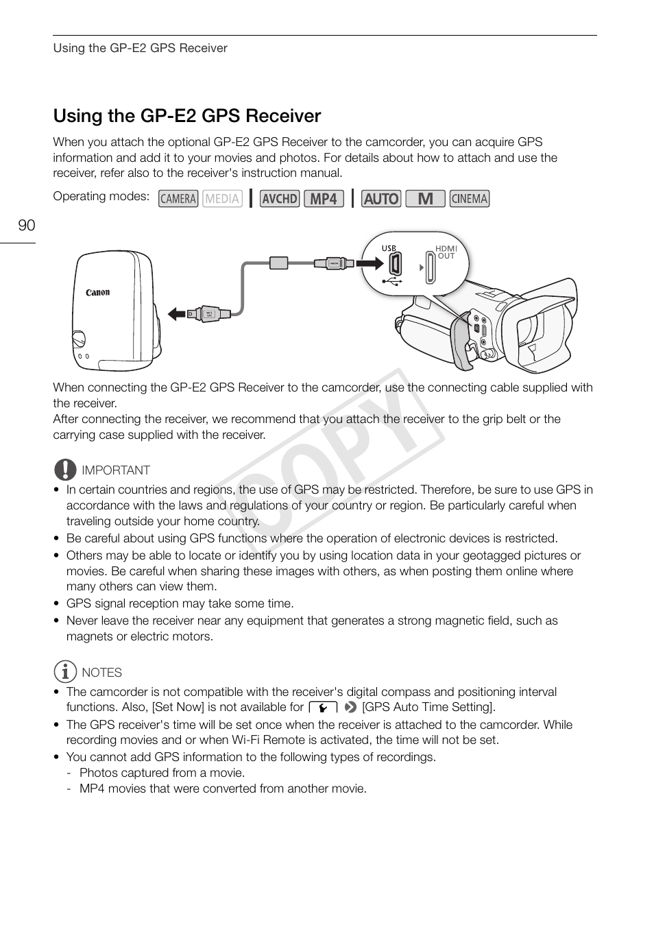 Using the gp-e2 gps receiver 90, Cop y | Canon VIXIA HF G30 User Manual | Page 90 / 189