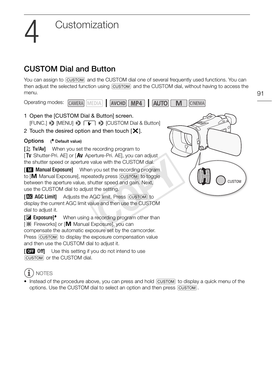 4 customization 91, Custom dial and button 91, Cop y | Customization | Canon VIXIA HF G30 User Manual | Page 91 / 189