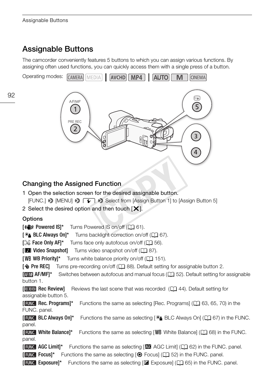Assignable buttons 92, Changing the assigned function 92, Cop y | Assignable buttons | Canon VIXIA HF G30 User Manual | Page 92 / 189