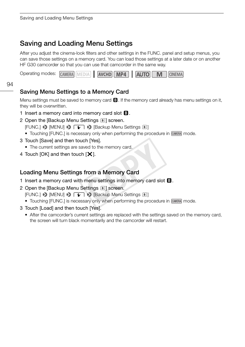 Saving and loading menu settings 94, Saving menu settings to a memory, Card 94 | Loading menu settings from a memory, Cop y, Saving and loading menu settings | Canon VIXIA HF G30 User Manual | Page 94 / 189