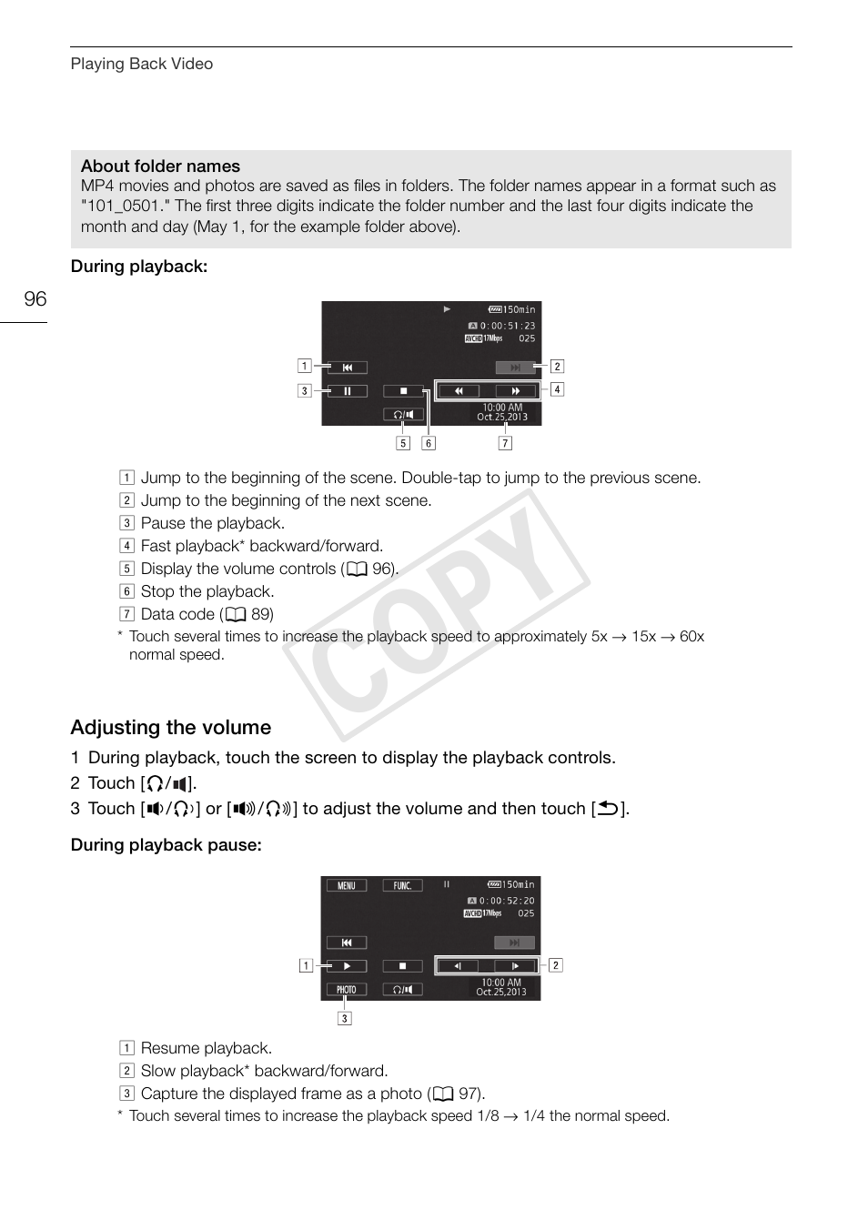 Adjusting the volume 96, Cop y | Canon VIXIA HF G30 User Manual | Page 96 / 189