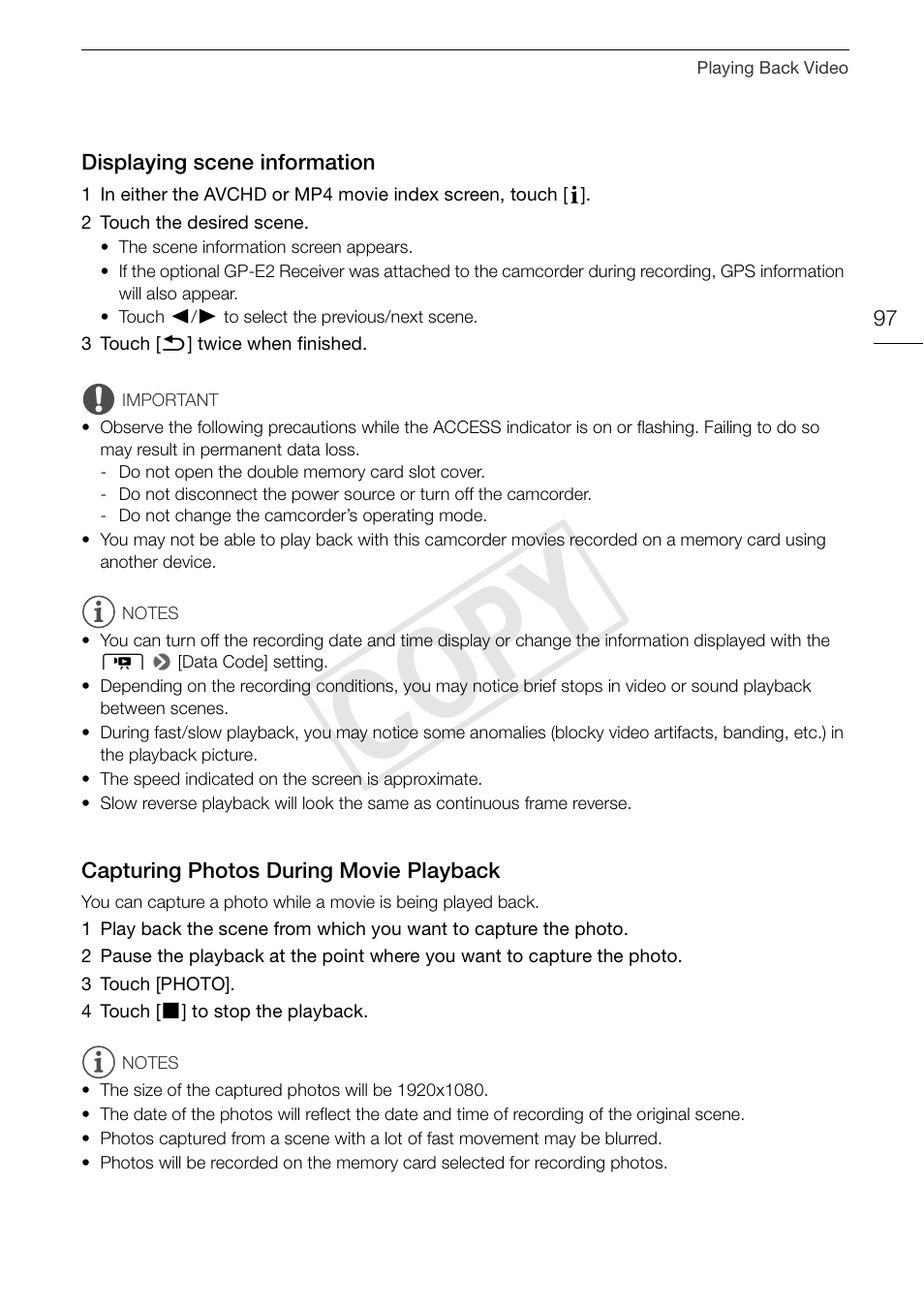 Playback 97, Cop y | Canon VIXIA HF G30 User Manual | Page 97 / 189