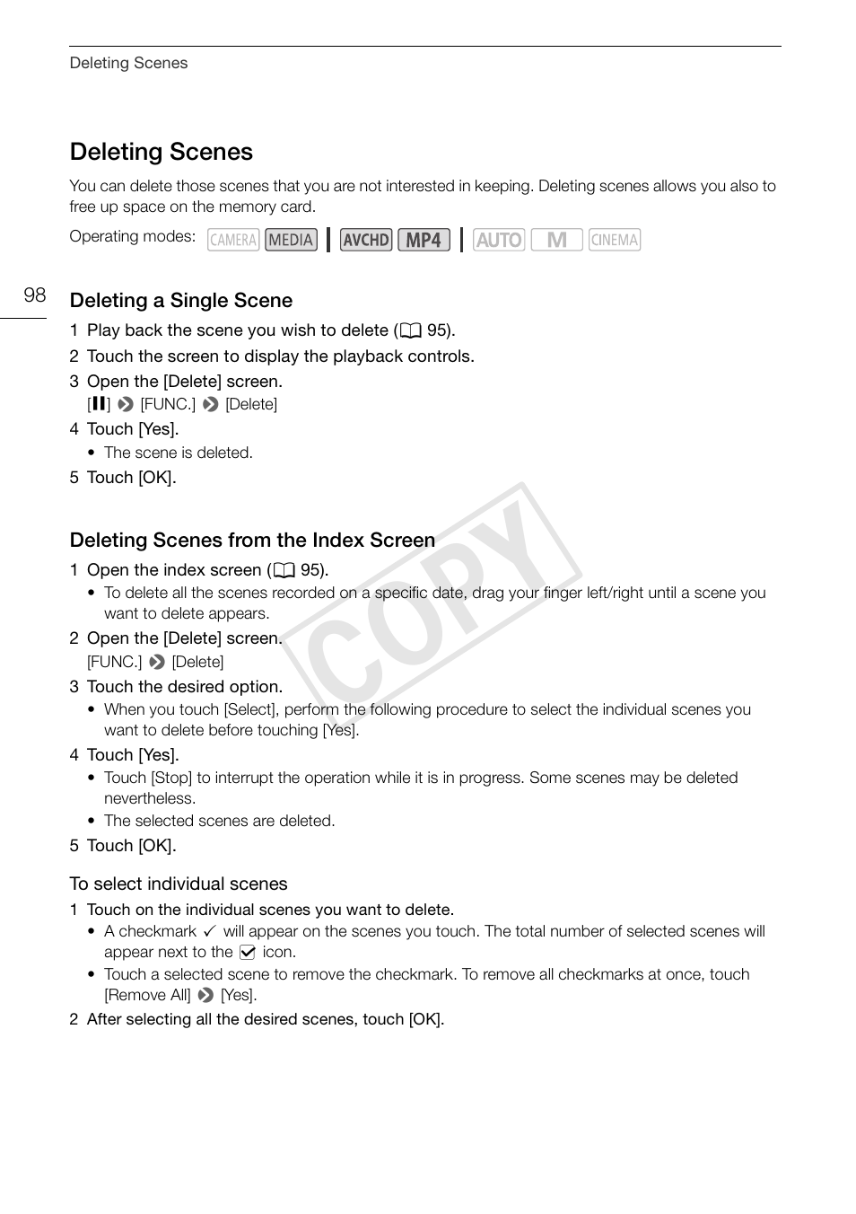 Deleting scenes 98, Screen 98, Cop y | Deleting scenes | Canon VIXIA HF G30 User Manual | Page 98 / 189