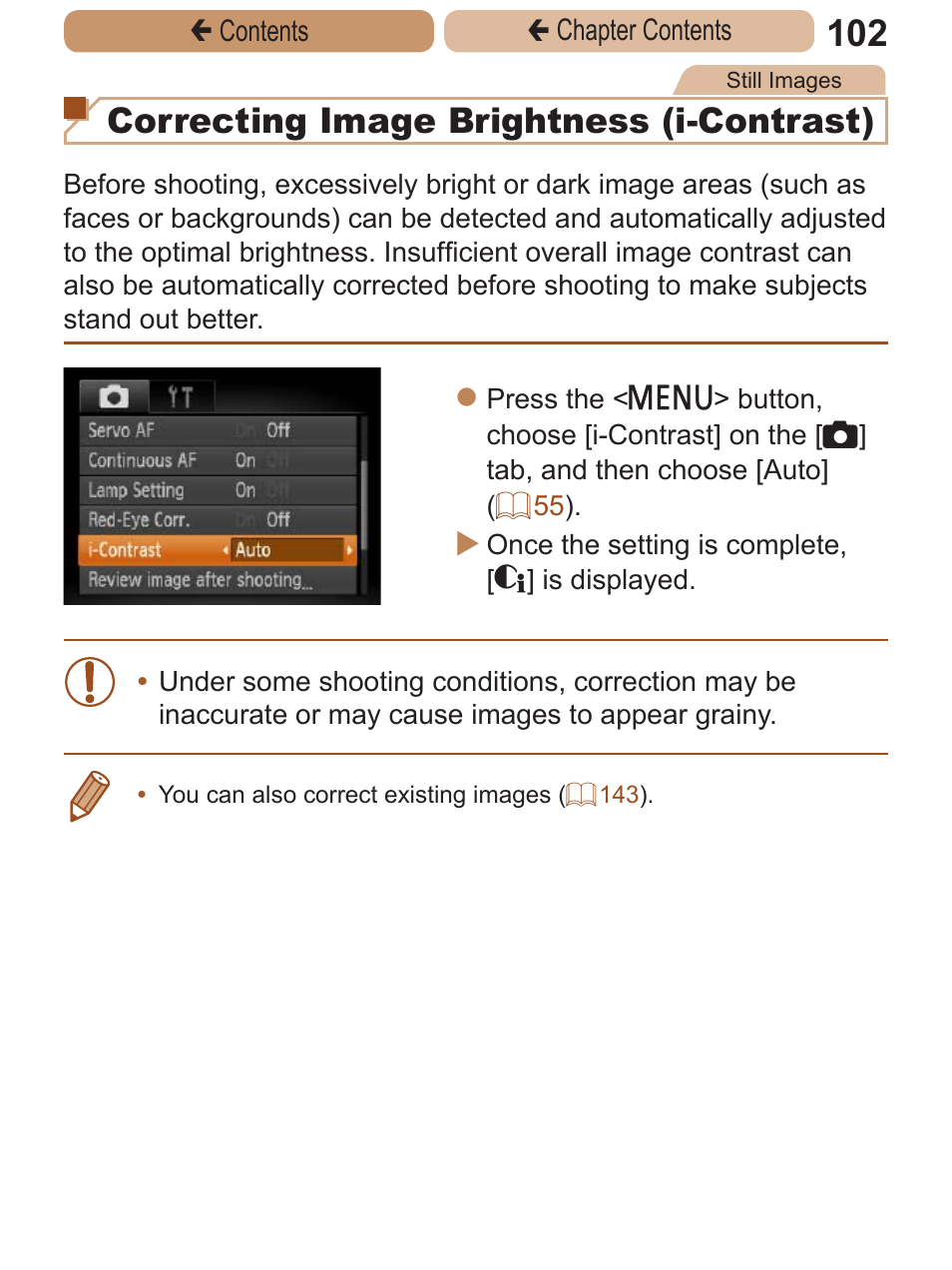 Correcting image brightness (i-contrast) | Canon PowerShot A2600 User Manual | Page 102 / 229