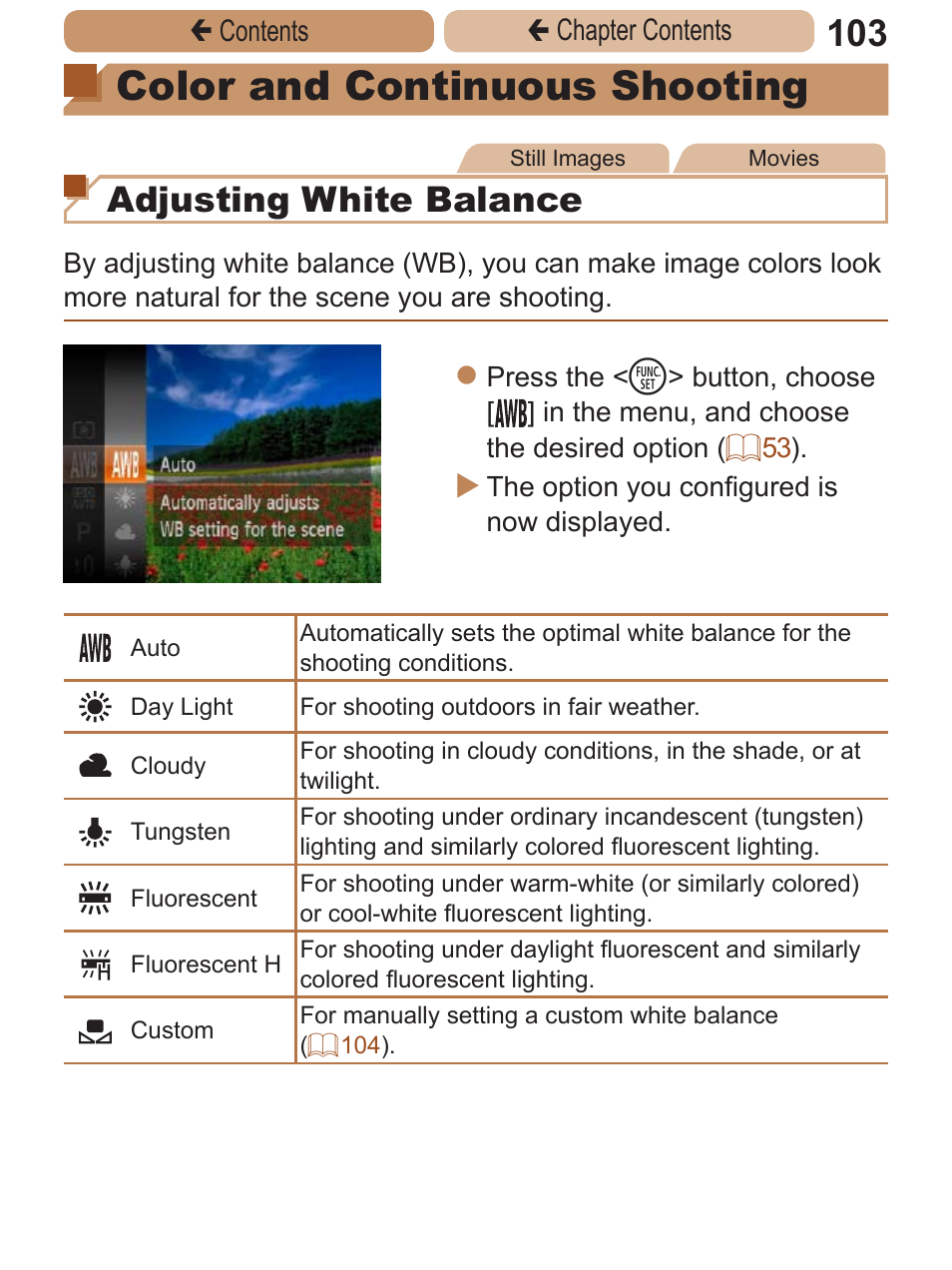 Color and continuous, Shooting, Color and continuous shooting | Adjusting white balance | Canon PowerShot A2600 User Manual | Page 103 / 229