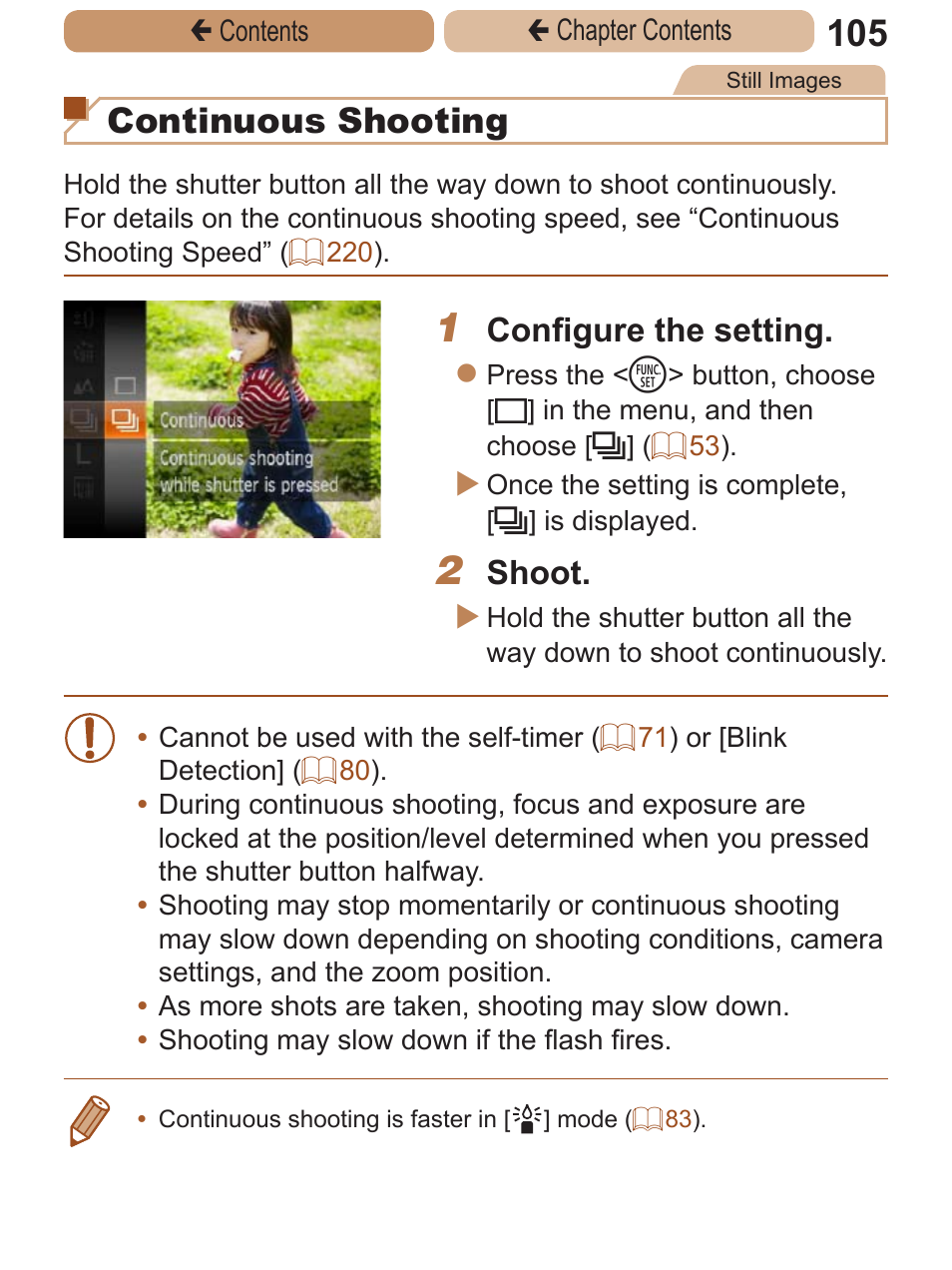 Continuous shooting, Configure the setting, Shoot | Canon PowerShot A2600 User Manual | Page 105 / 229