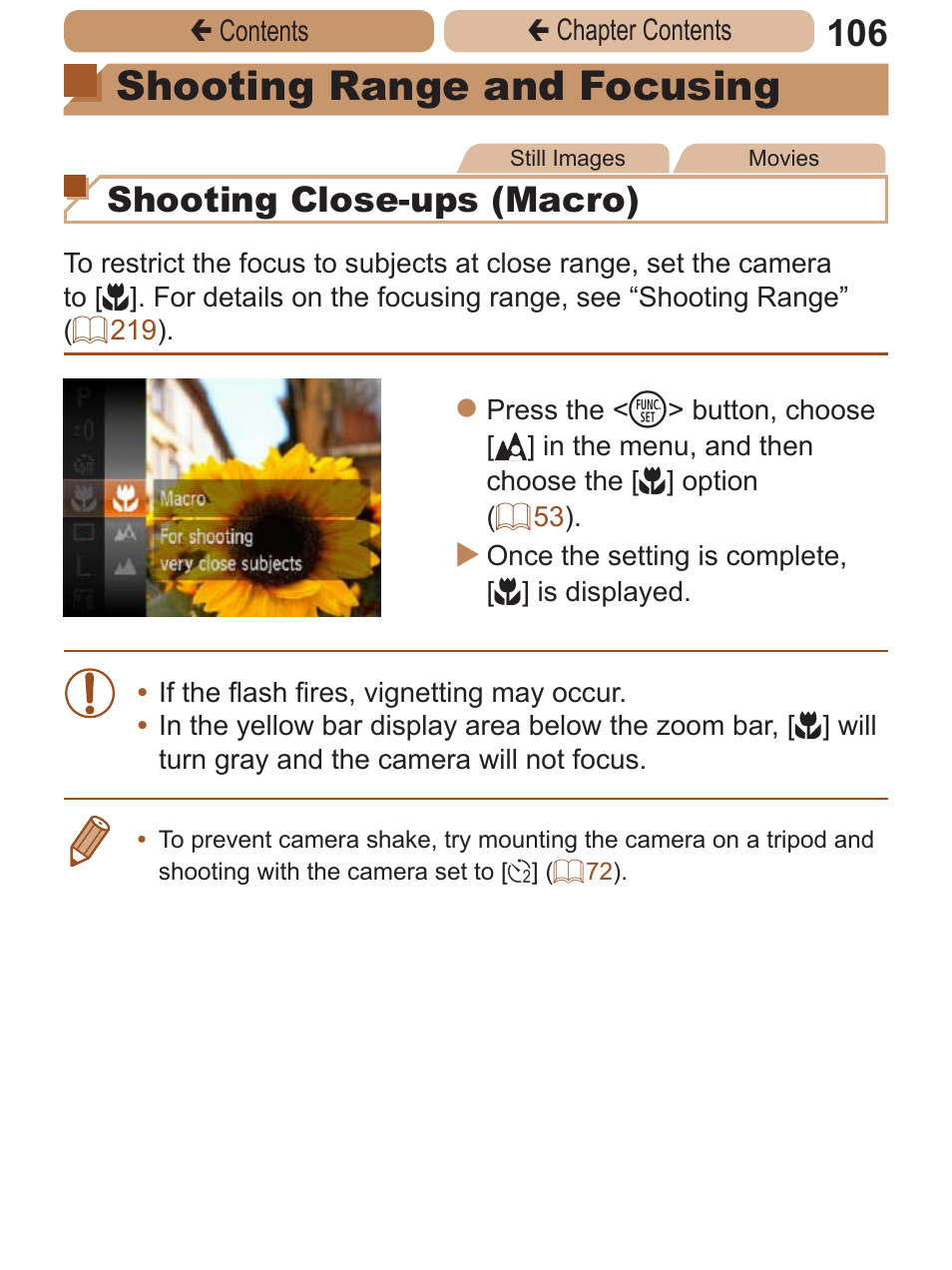 Shooting range and, Focusing, Shooting range and focusing | Shooting close-ups (macro) | Canon PowerShot A2600 User Manual | Page 106 / 229