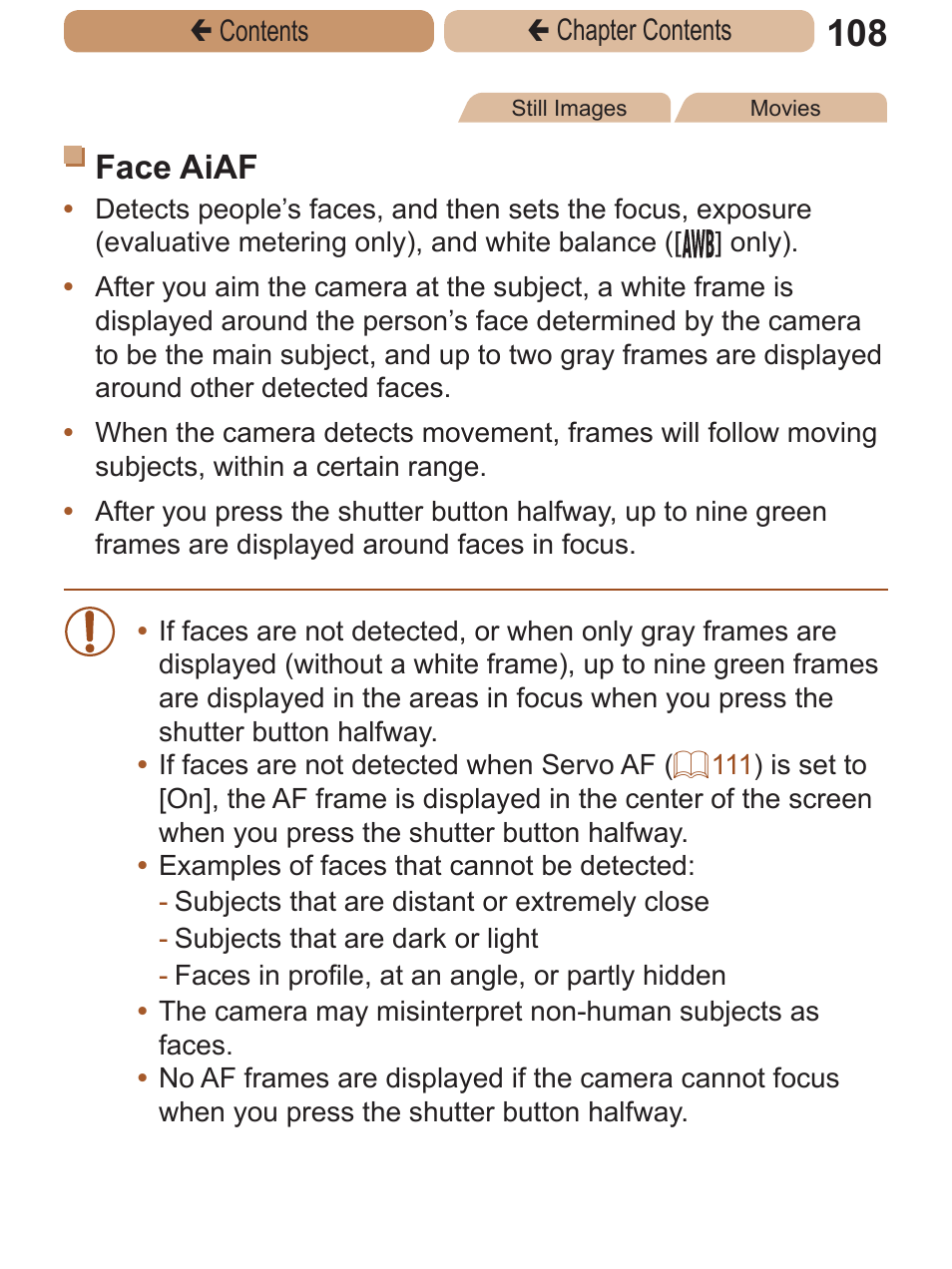 Face aiaf | Canon PowerShot A2600 User Manual | Page 108 / 229