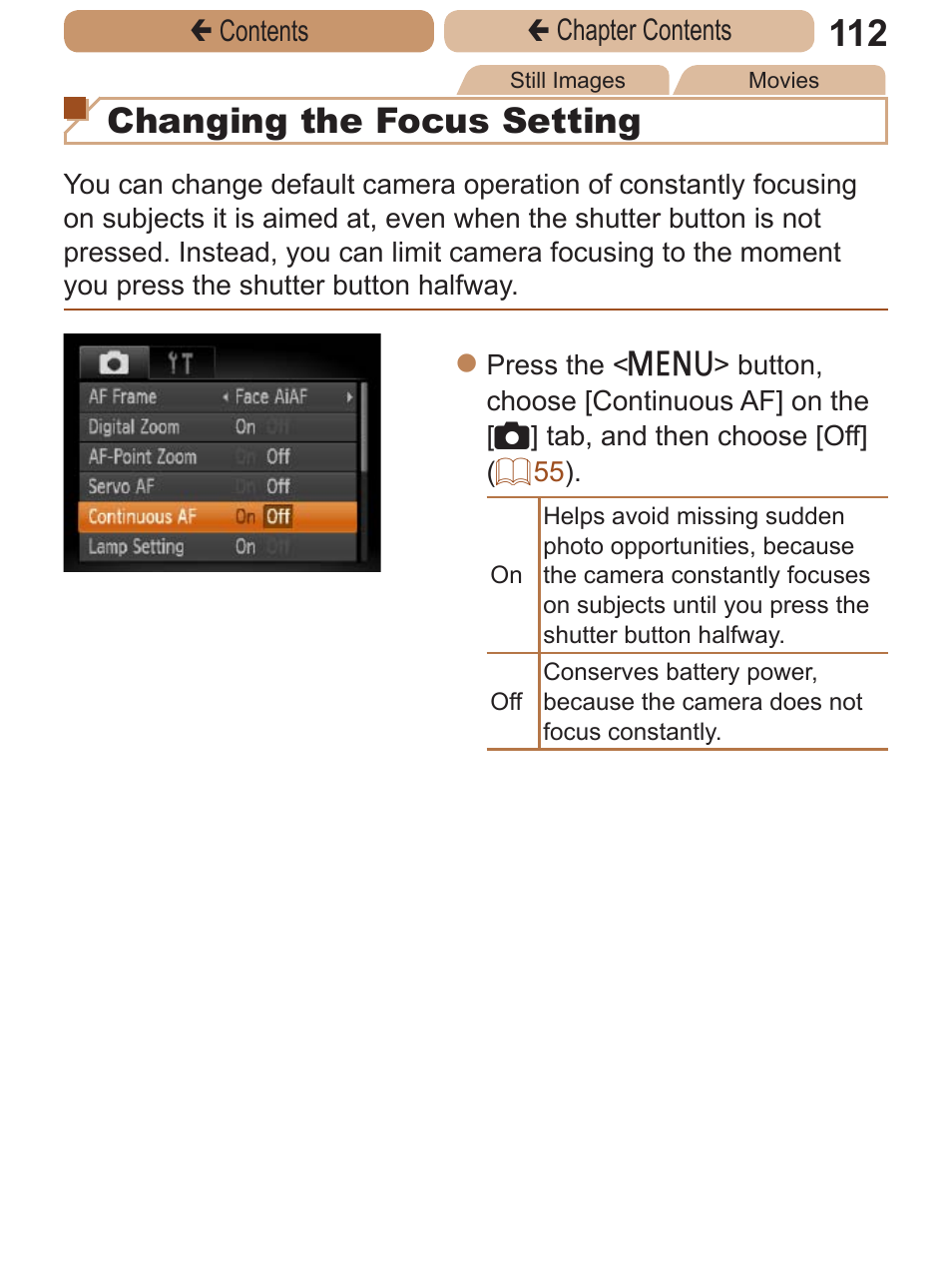 Changing the focus setting | Canon PowerShot A2600 User Manual | Page 112 / 229