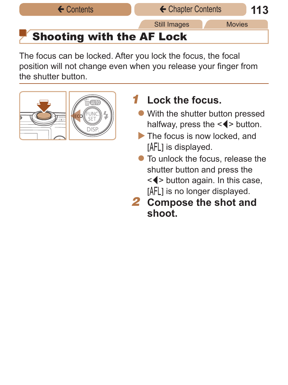 Shooting with the af lock | Canon PowerShot A2600 User Manual | Page 113 / 229