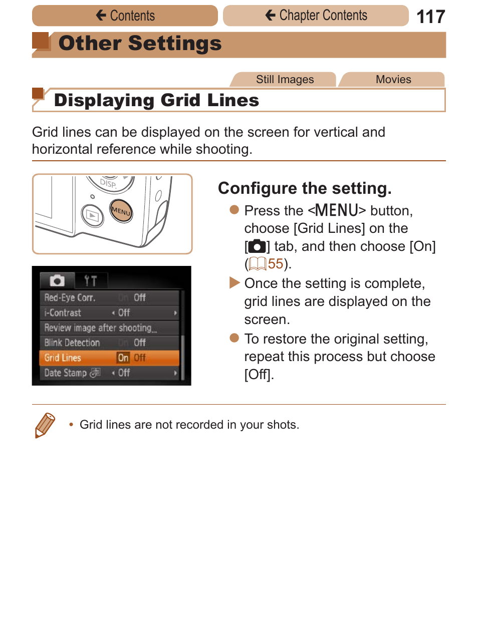 Other settings, Displaying grid lines, Configure the setting | Canon PowerShot A2600 User Manual | Page 117 / 229
