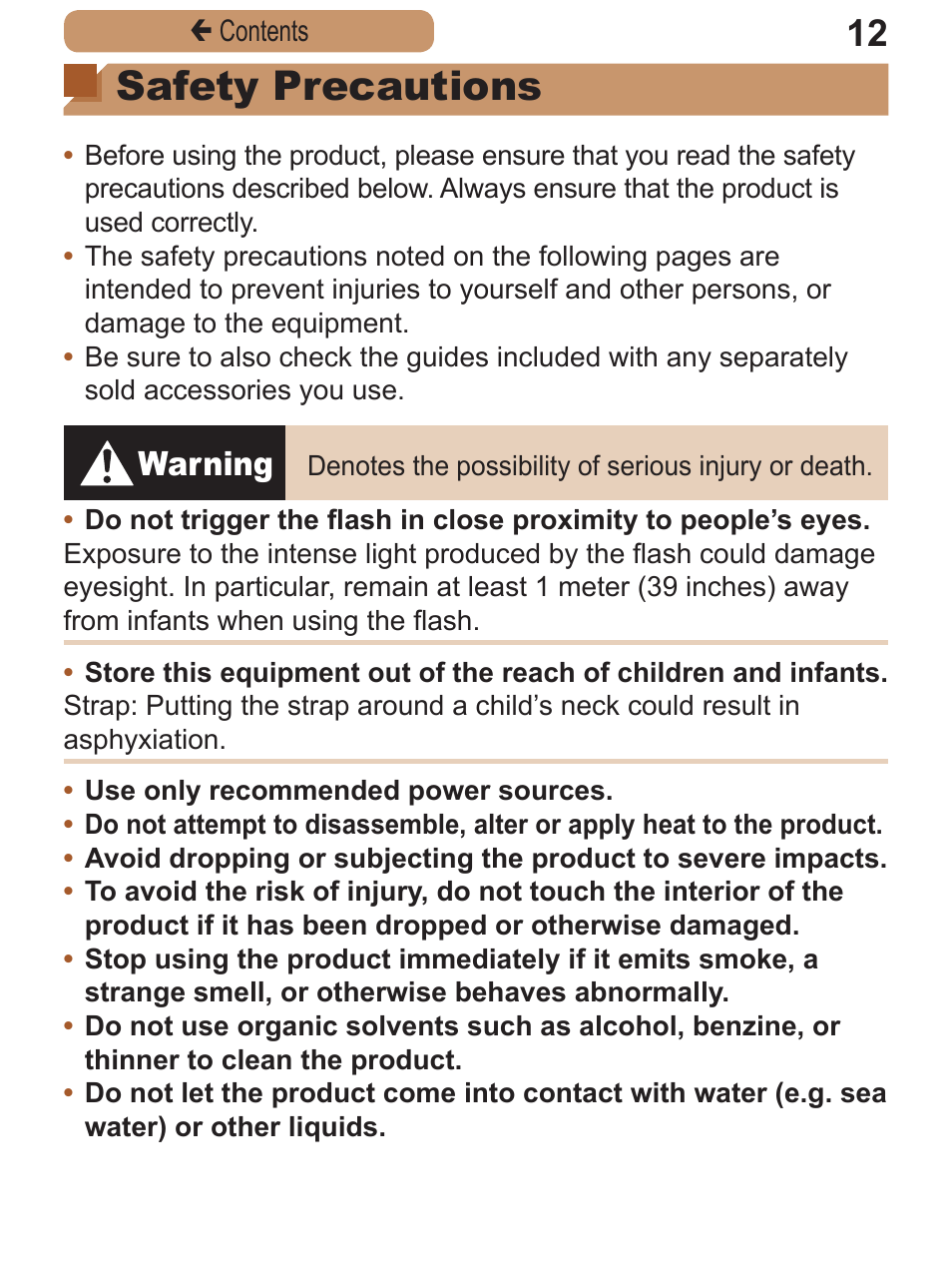 Safety precautions, Warning | Canon PowerShot A2600 User Manual | Page 12 / 229