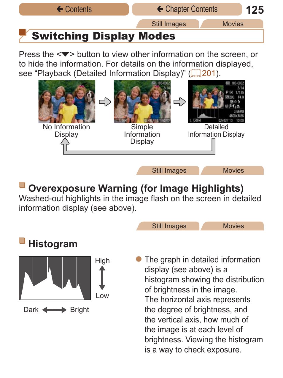 Switching display modes, Overexposure warning (for image highlights), Histogram | Canon PowerShot A2600 User Manual | Page 125 / 229
