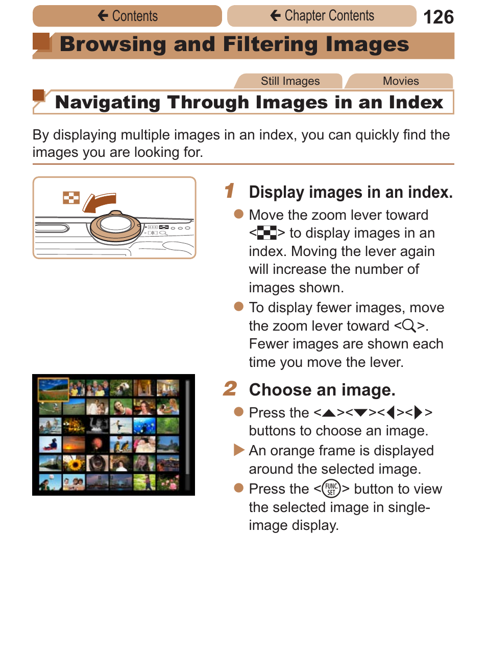 Browsing and filtering, Images, Browsing and filtering images | Navigating through images in an index | Canon PowerShot A2600 User Manual | Page 126 / 229