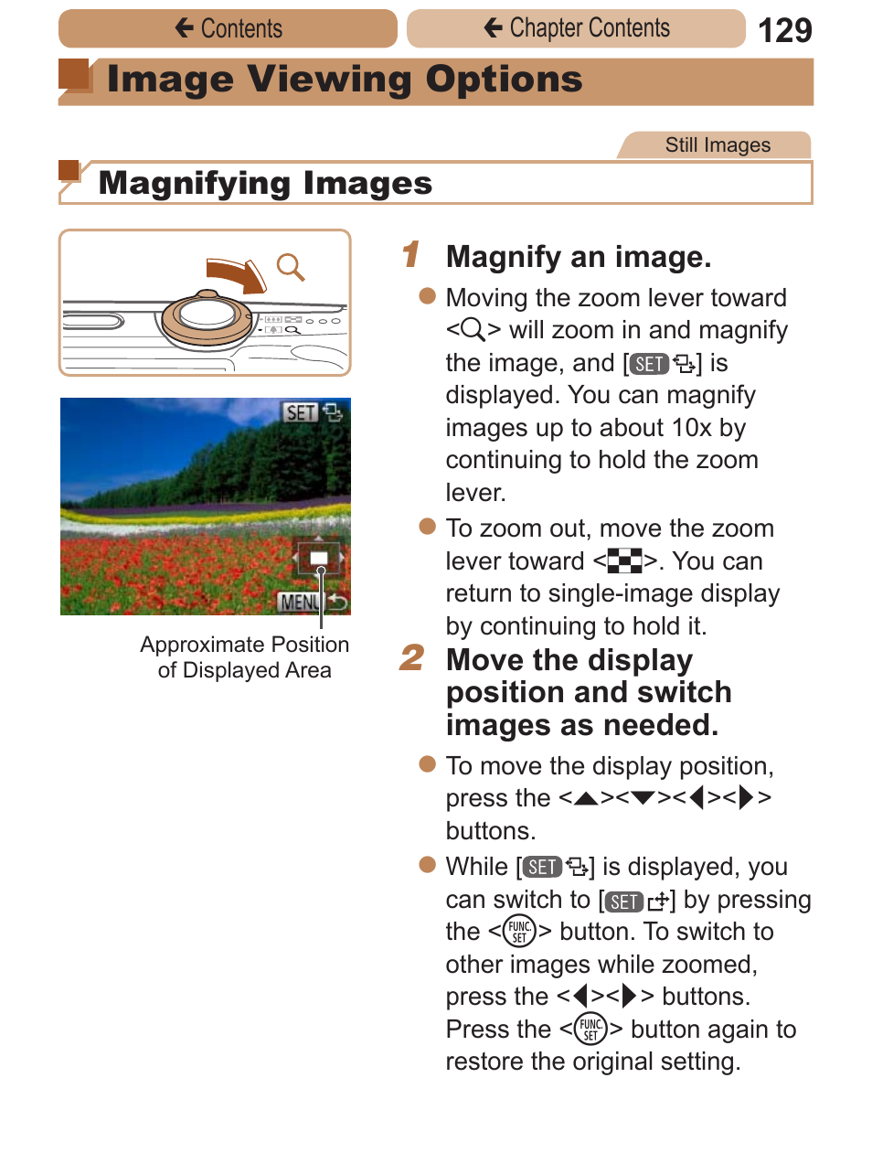 Image viewing options, And “v, Magnifying images | Canon PowerShot A2600 User Manual | Page 129 / 229