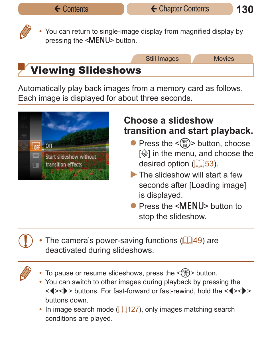 Iewing slideshows, Viewing slideshows, Choose a slideshow transition and start playback | Canon PowerShot A2600 User Manual | Page 130 / 229