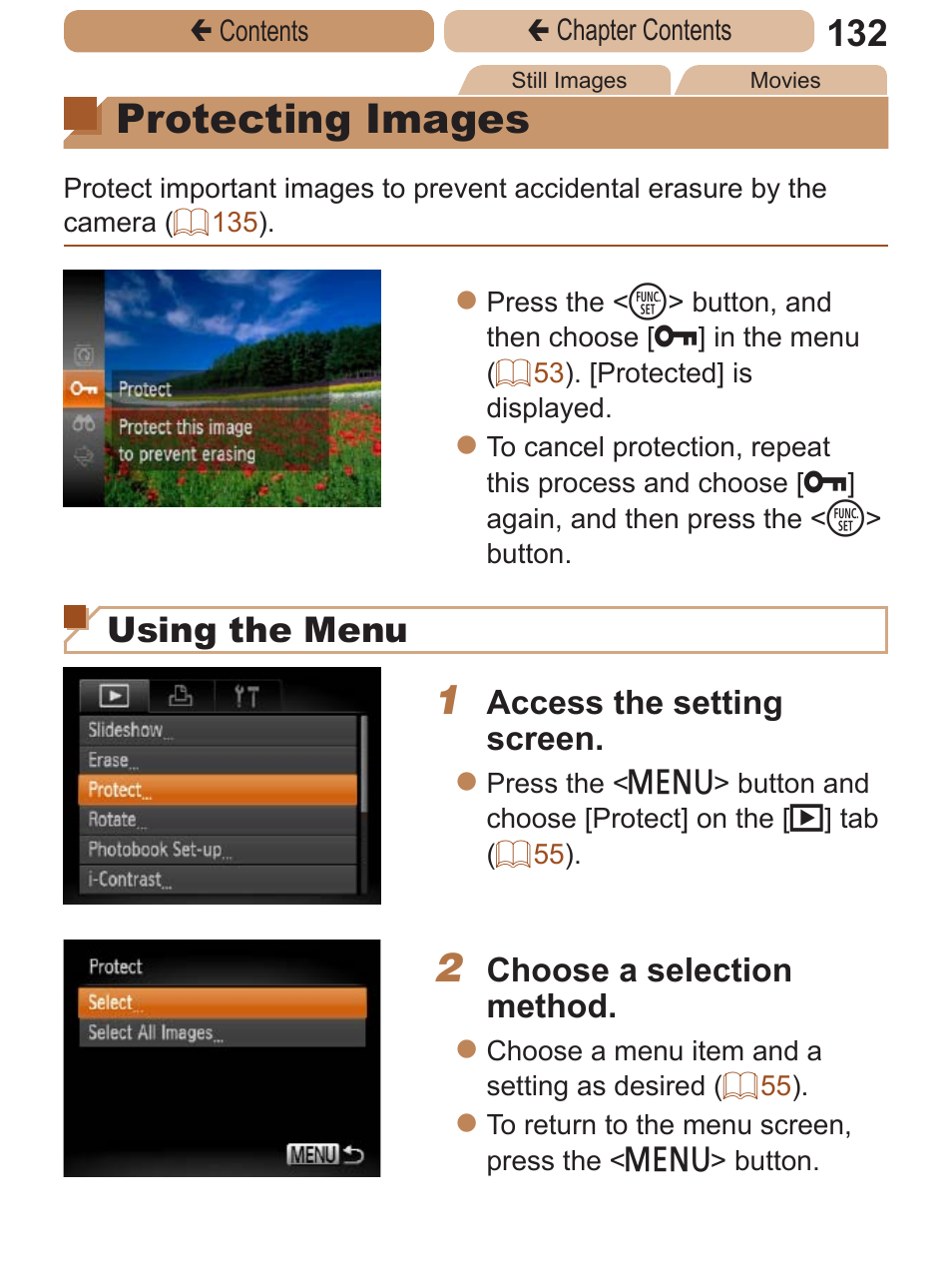Protecting images, Protection, All images in search] in “protecting images | Erasing, Using the menu, Access the setting screen, Choose a selection method | Canon PowerShot A2600 User Manual | Page 132 / 229