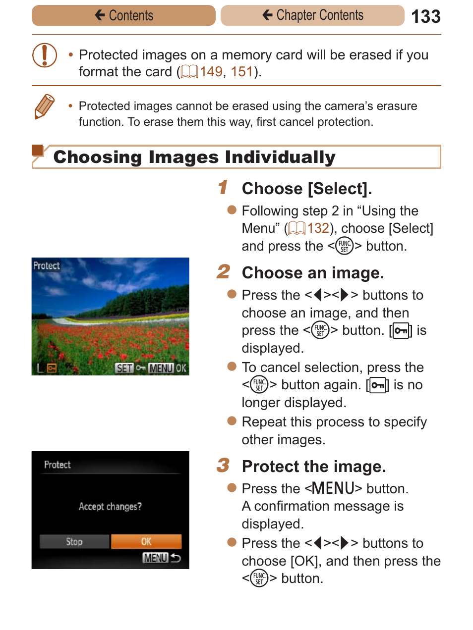Choosing images individually, Choose [select, Choose an image | Protect the image | Canon PowerShot A2600 User Manual | Page 133 / 229