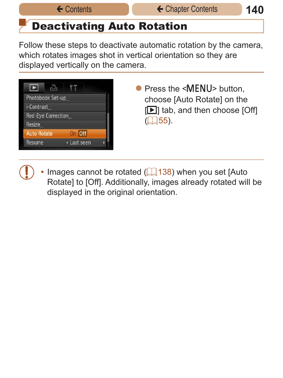 Deactivating auto rotation | Canon PowerShot A2600 User Manual | Page 140 / 229