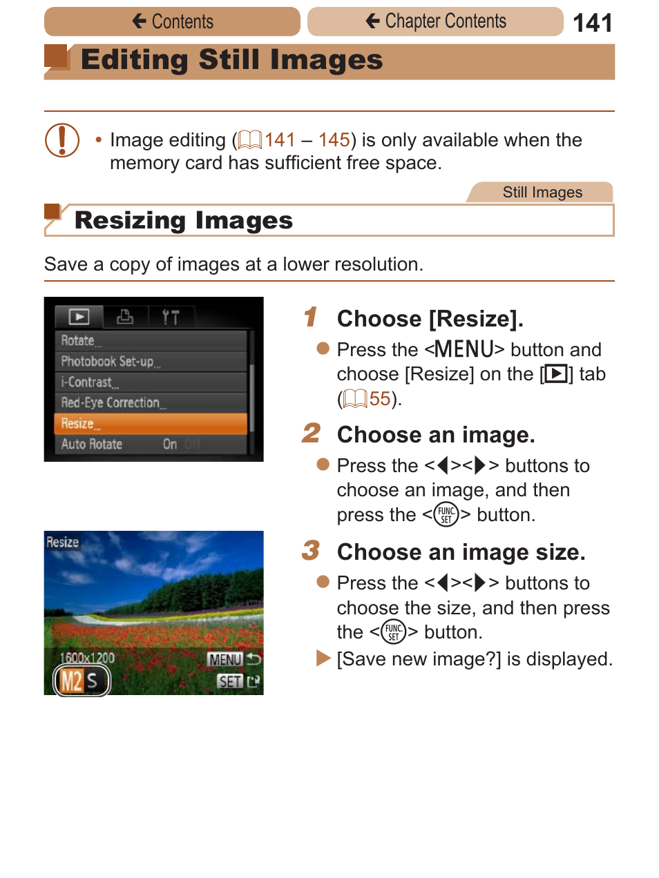 Editing still images, Resizing images | Canon PowerShot A2600 User Manual | Page 141 / 229