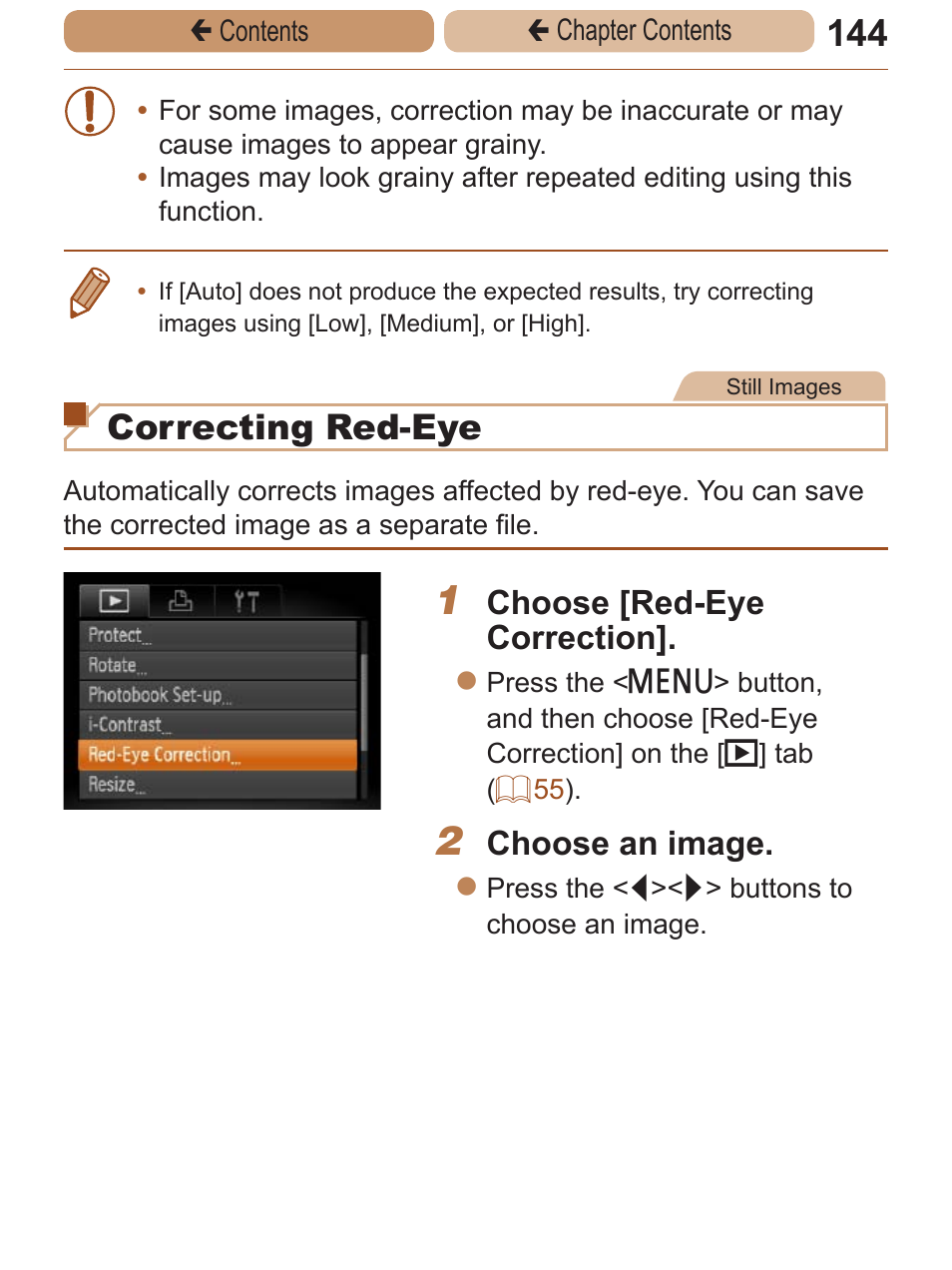 Ou can also correct existing images, Correcting red-eye, Choose [red-eye correction | Choose an image | Canon PowerShot A2600 User Manual | Page 144 / 229