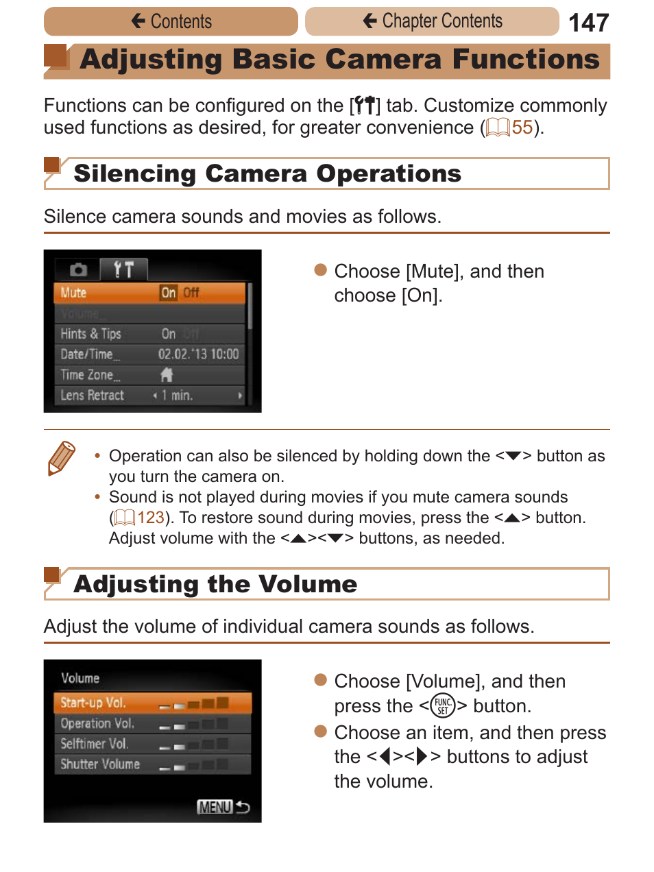 Adjusting basic camera, Functions, Adjusting basic camera functions | Silencing camera operations, Adjusting the volume | Canon PowerShot A2600 User Manual | Page 147 / 229
