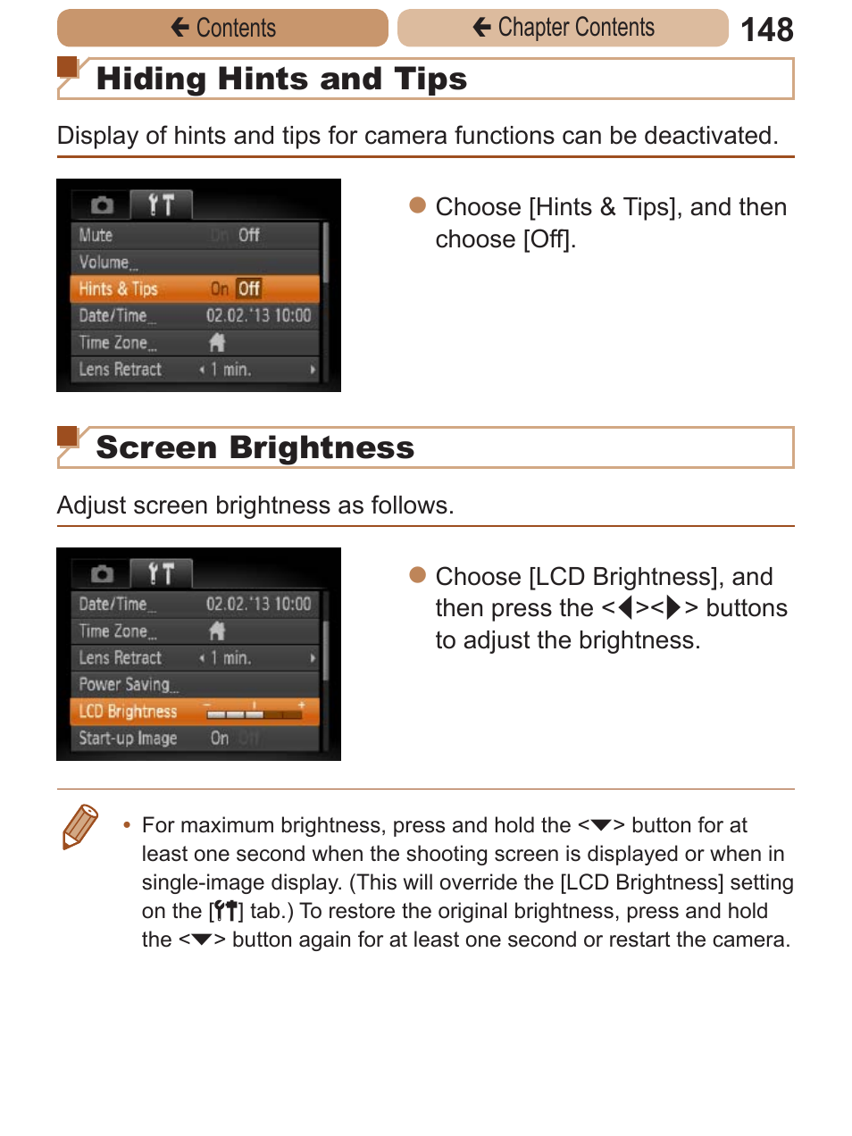 Hiding hints and tips, Screen brightness | Canon PowerShot A2600 User Manual | Page 148 / 229