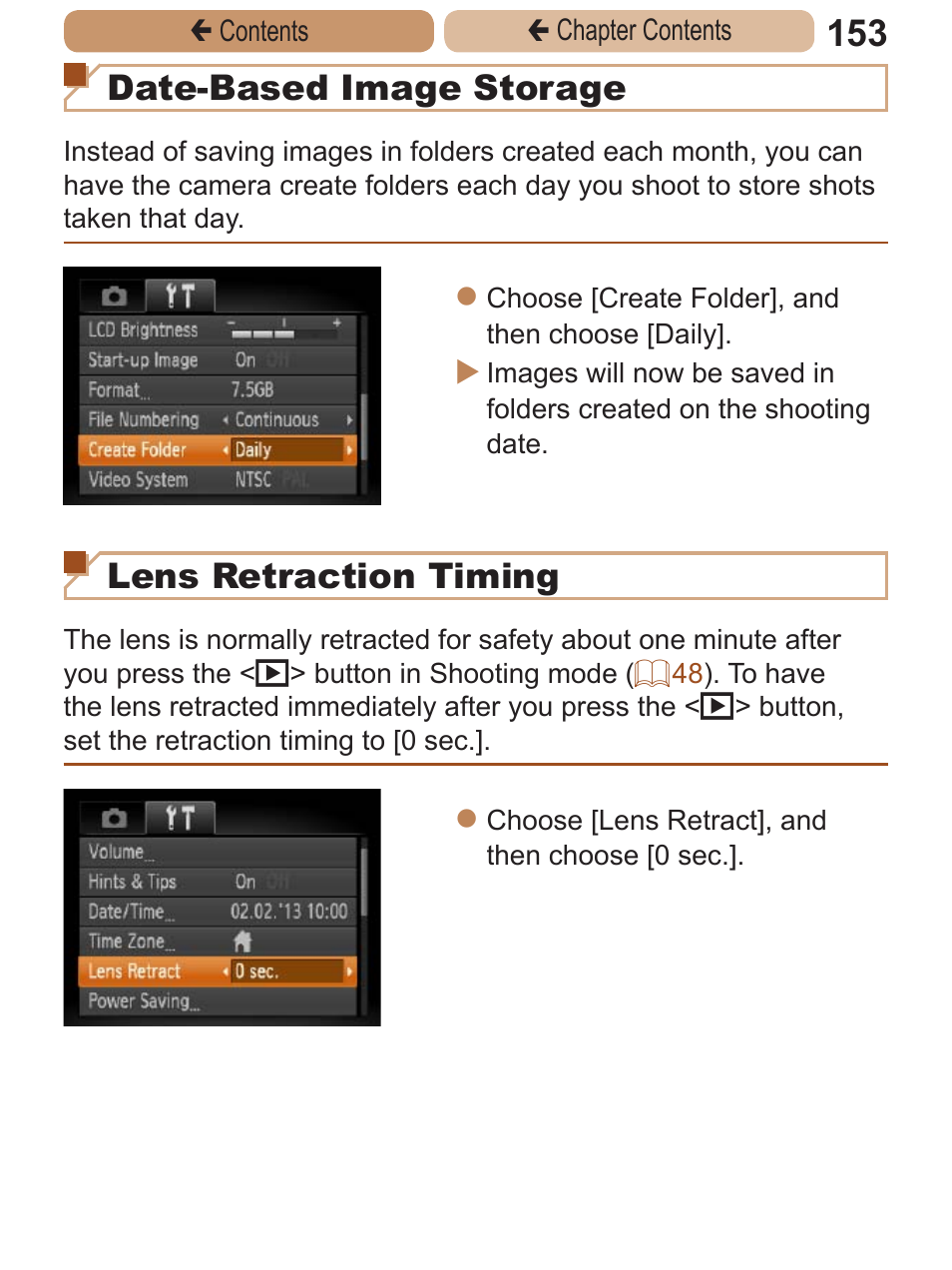 Date-based image storage, Lens retraction timing | Canon PowerShot A2600 User Manual | Page 153 / 229