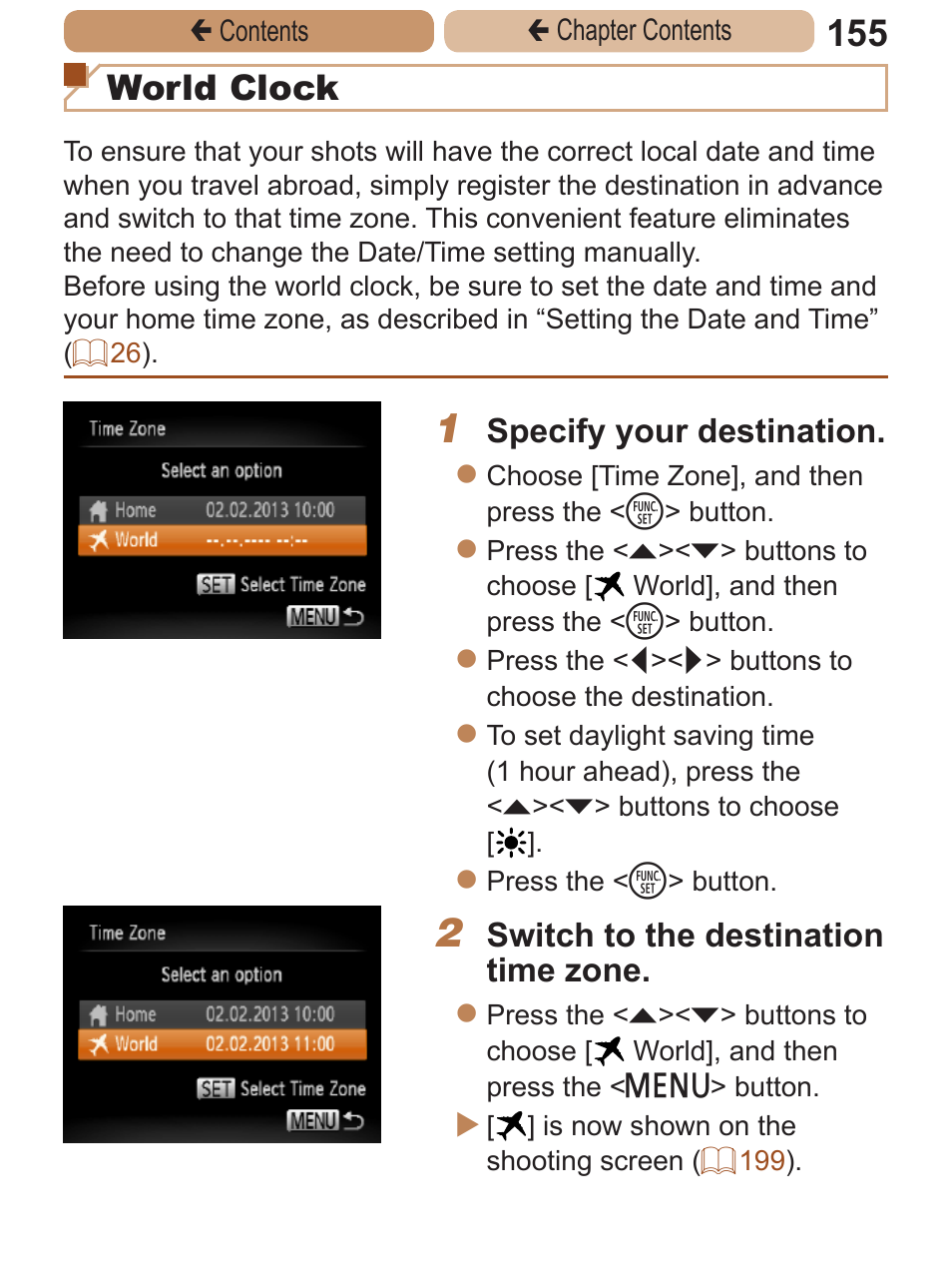 World clock, Specify your destination, Switch to the destination time zone | Canon PowerShot A2600 User Manual | Page 155 / 229