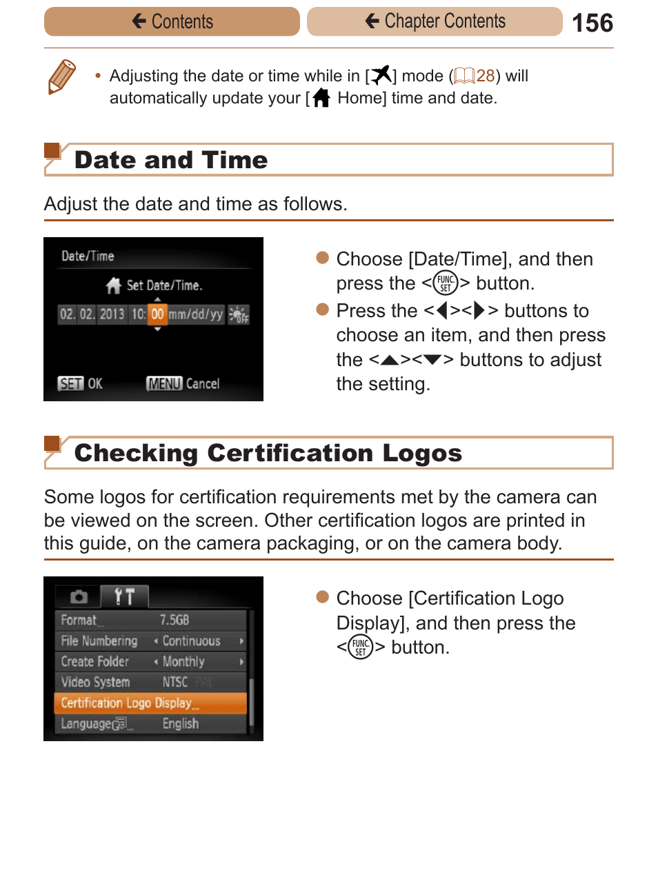 Date and time, Checking certification logos | Canon PowerShot A2600 User Manual | Page 156 / 229