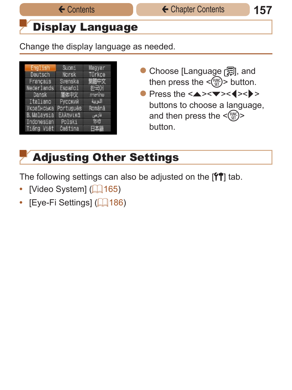 Display language, Adjusting other settings | Canon PowerShot A2600 User Manual | Page 157 / 229