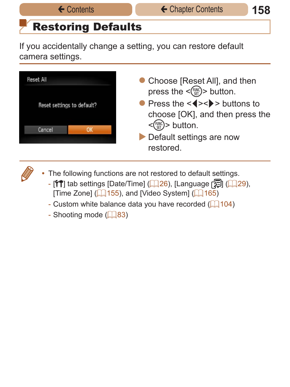 Restoring defaults | Canon PowerShot A2600 User Manual | Page 158 / 229
