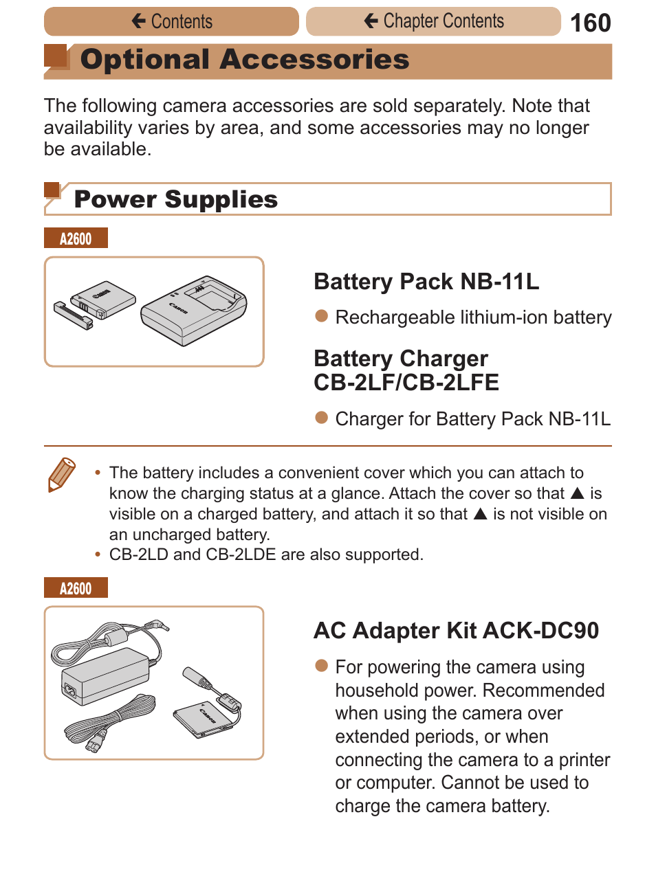 Optional accessories, Power supplies, Battery pack nb-11l | Battery charger cb-2lf/cb-2lfe, Ac adapter kit ack-dc90 | Canon PowerShot A2600 User Manual | Page 160 / 229