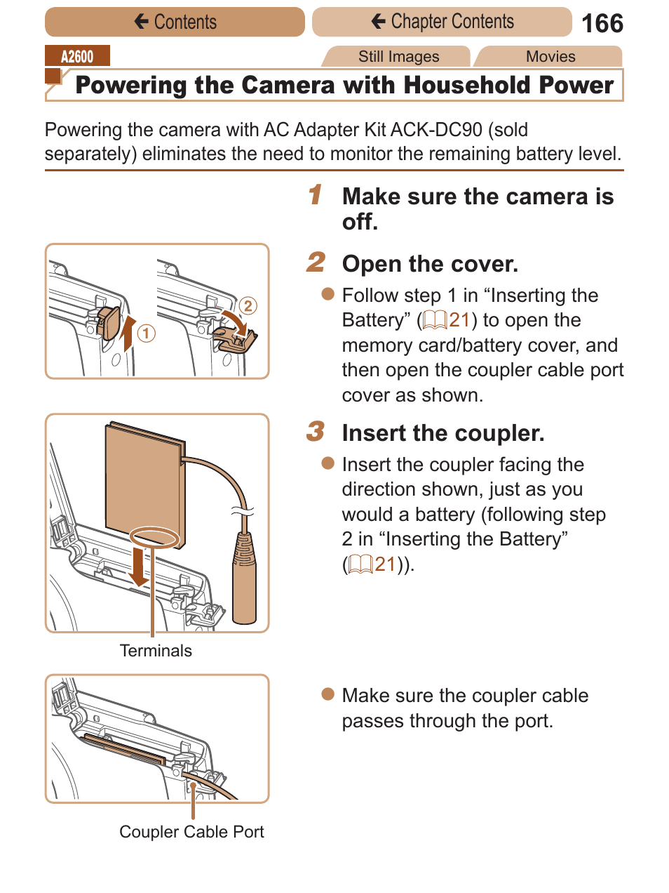Powering the camera with household power | Canon PowerShot A2600 User Manual | Page 166 / 229