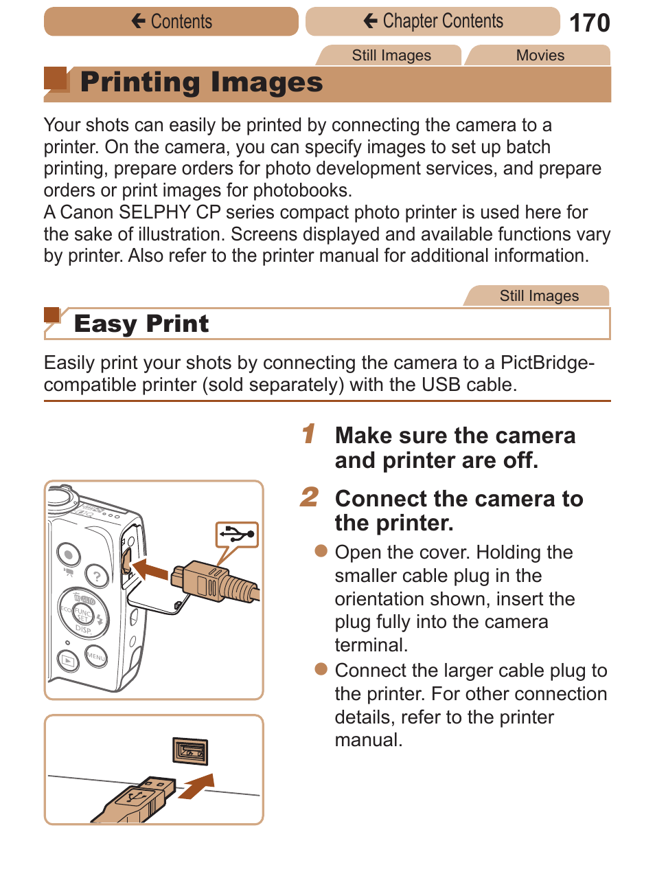 Printing images, Easy print | Canon PowerShot A2600 User Manual | Page 170 / 229